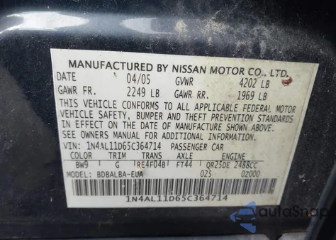 2005 Nissan Altima 2.5 S from USA, damaged, VIN 1N4AL11D65C364714